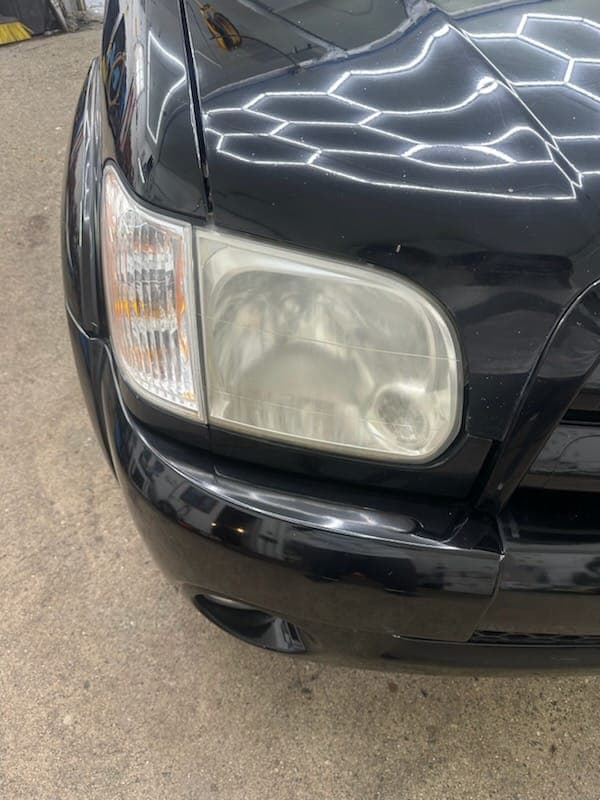 before picture of dirty cloudy headlights